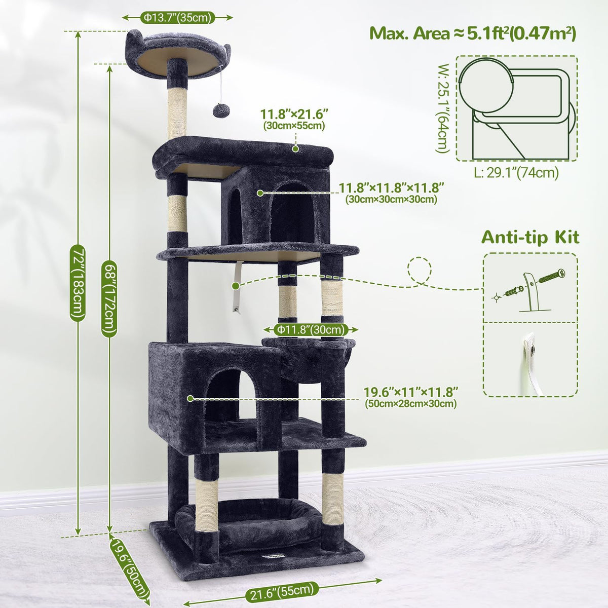 S72 Heavy Duty Cat Trees for Large Cats 20 Lbs+, Dark Gray